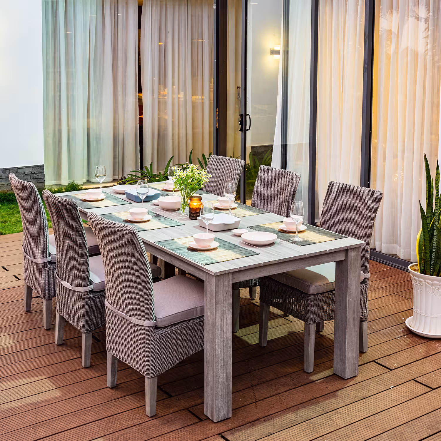 Bộ Bàn Ăn Ngoài Trời 6 Ghế – Gỗ Keo & Mây Nhựa Cao Cấp từ M4H
