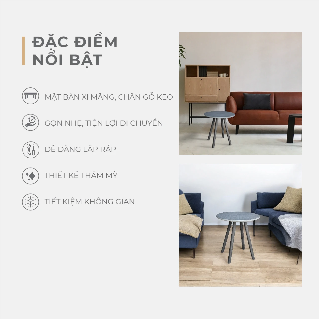 Bàn Trà Tròn Hayden Cement High- Chất liệu đá ximeng cao cấp