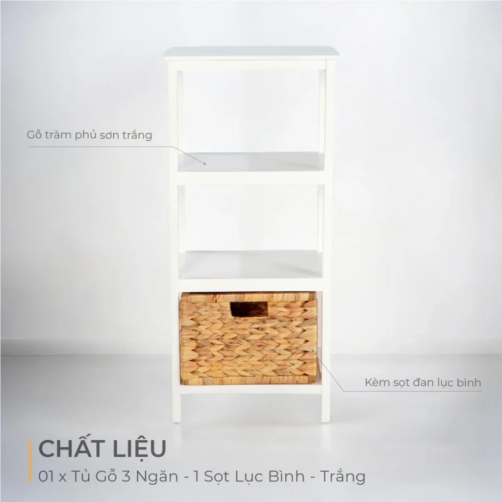 Tủ Gỗ 3 Ngăn – 1 Sọt Lục Bình – Trắng