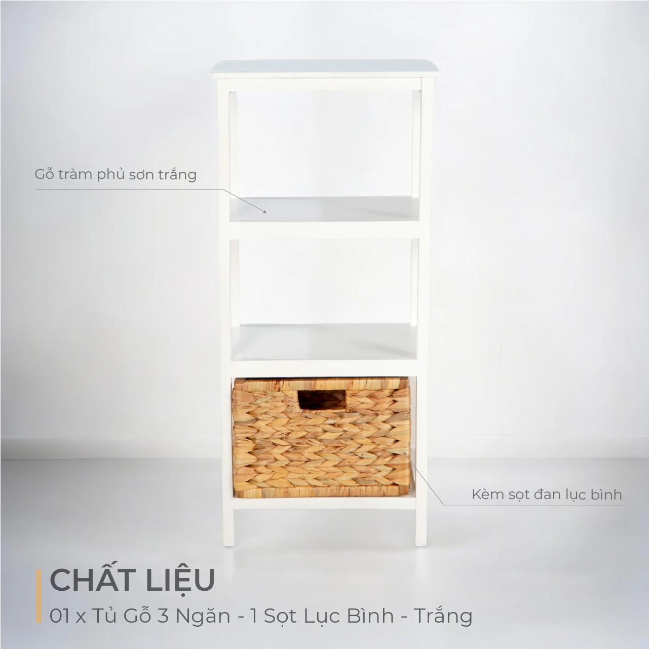 Tủ Gỗ 3 Ngăn – 1 Sọt Lục Bình – Trắng
