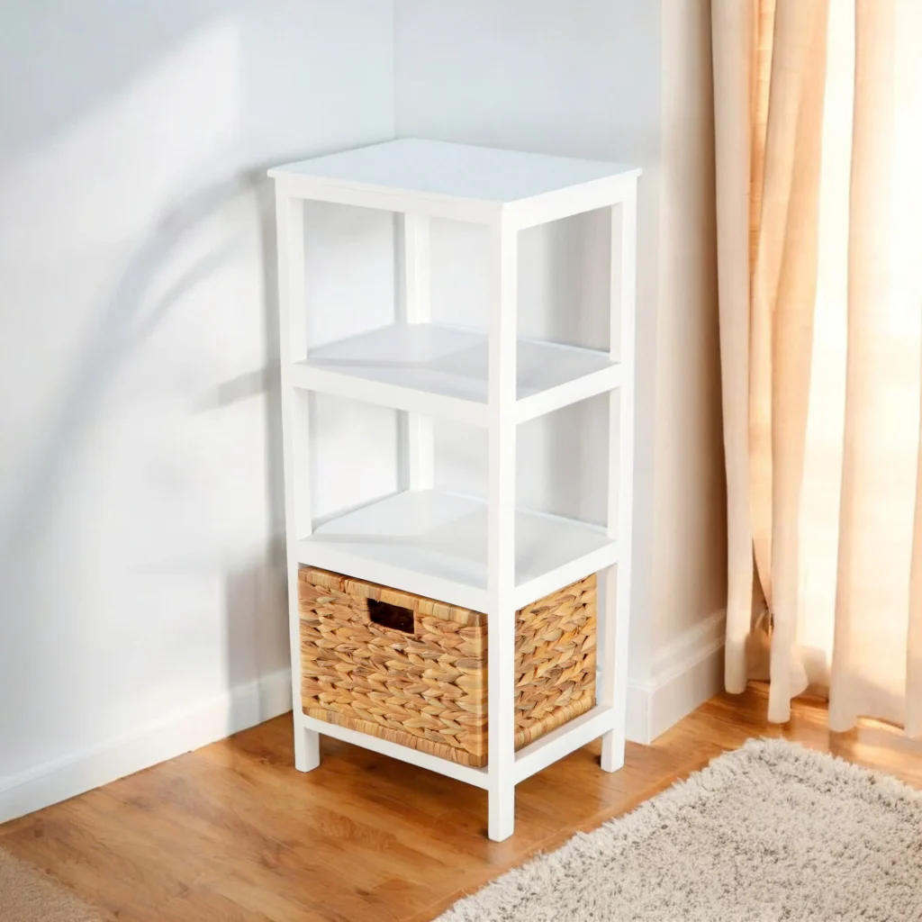 Tủ Gỗ 3 Ngăn – 1 Sọt Lục Bình – Trắng