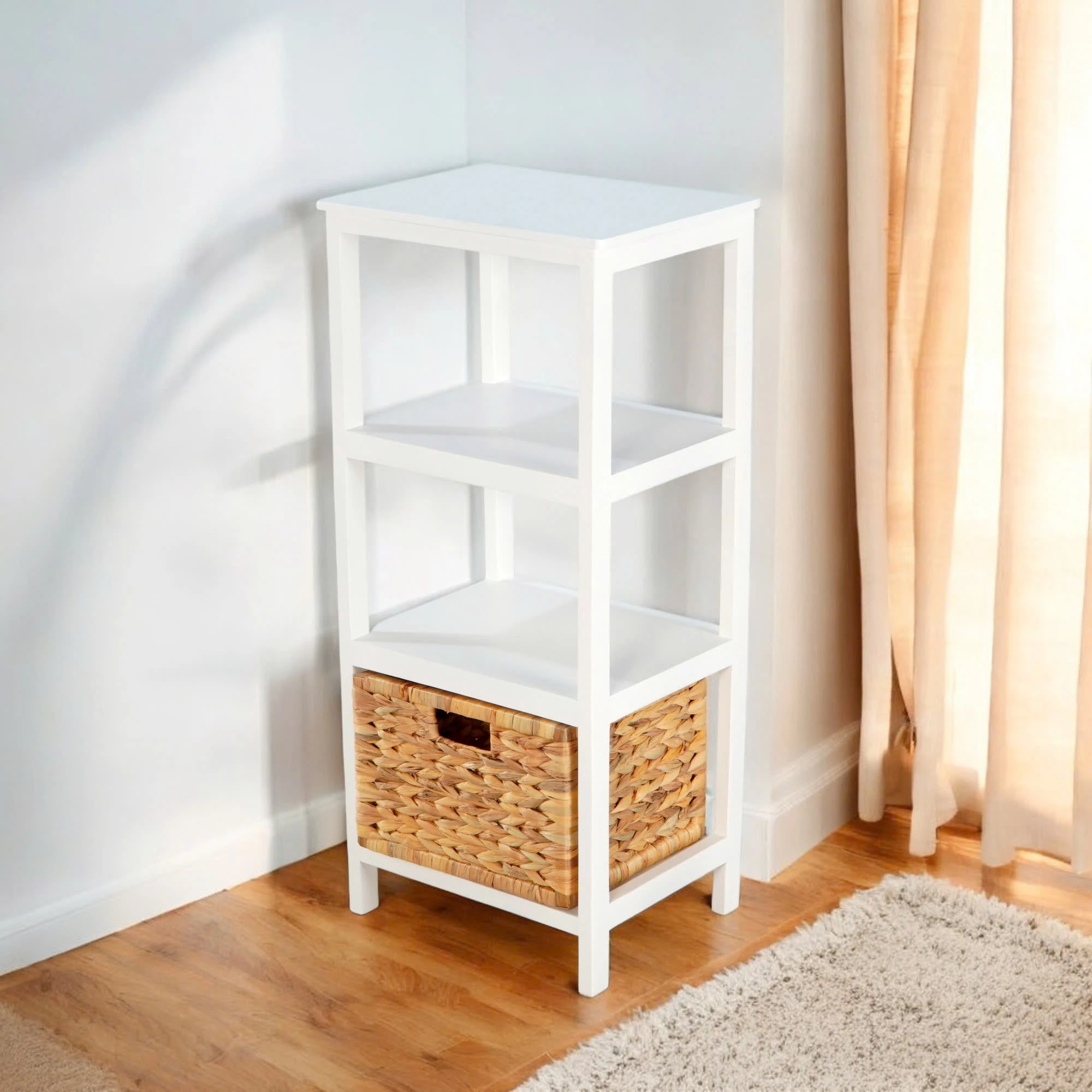Tủ Gỗ 3 Ngăn – 1 Sọt Lục Bình – Trắng