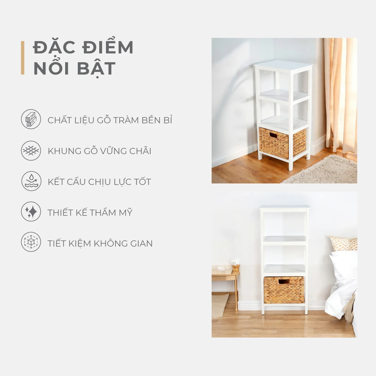 Tủ Gỗ 3 Ngăn – 1 Sọt Lục Bình – Trắng