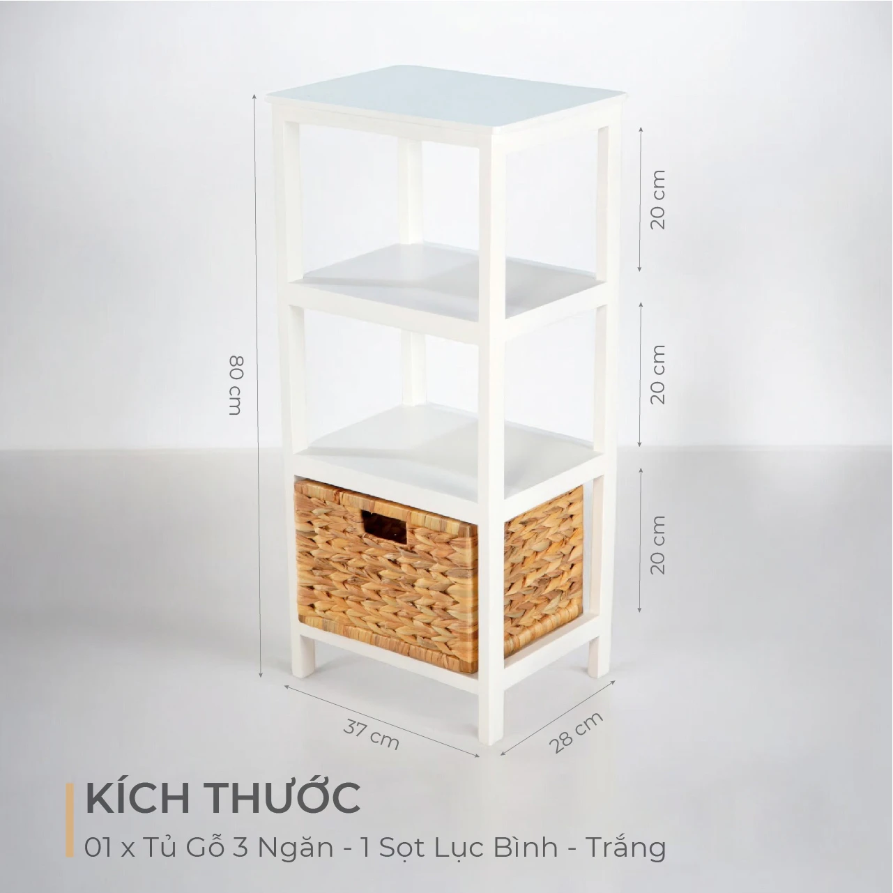 Tủ Gỗ 3 Ngăn – 1 Sọt Lục Bình – Trắng