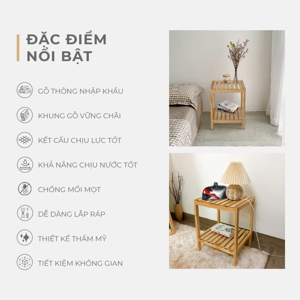 Kệ gỗ thông đa năng 2 tầng – Gỗ nhập khẩu, cứng cáp, không ẩm mốc.