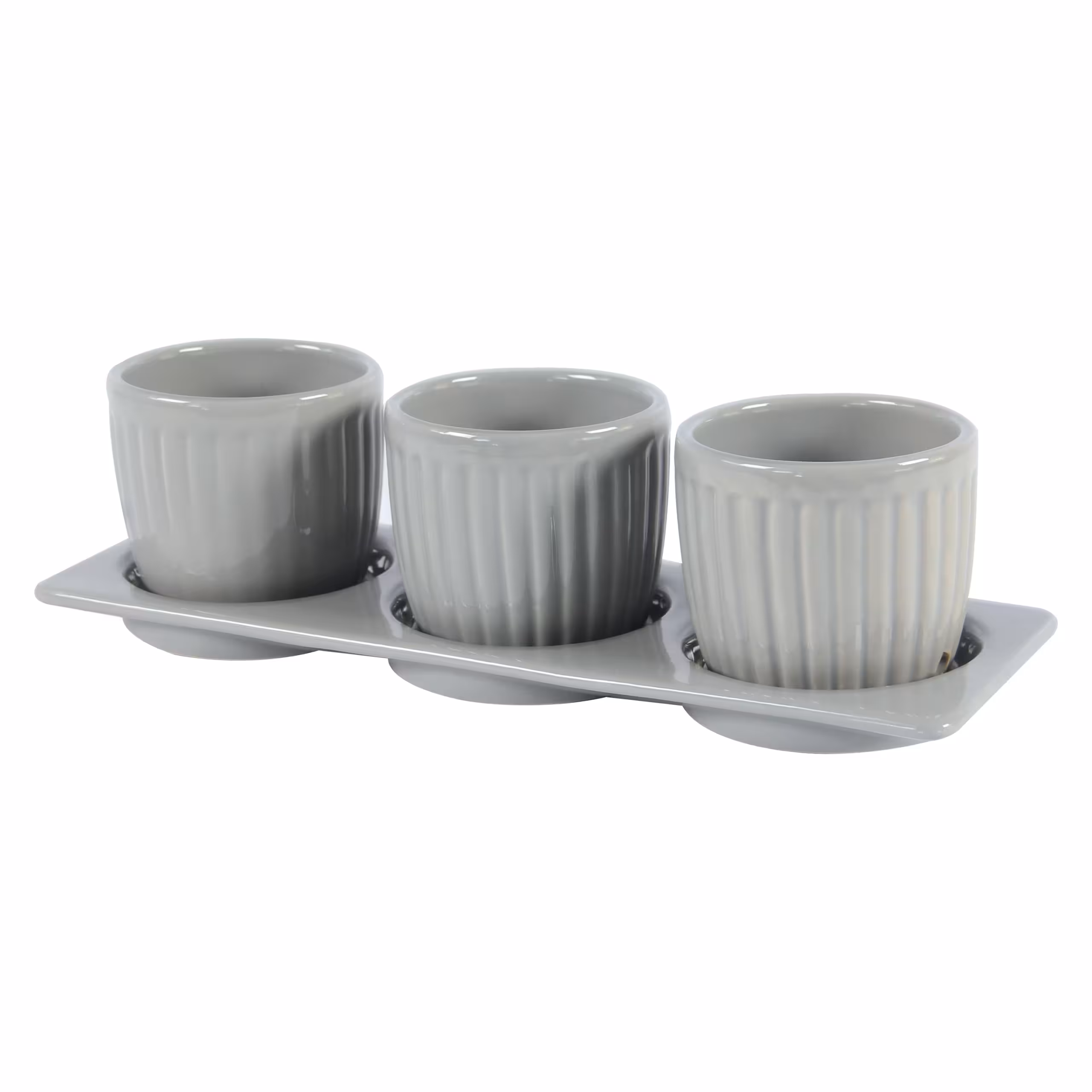Chậu Gốm Mini Gerbera xọc Kèm Dĩa - Xám Nhạt(Set of 3)