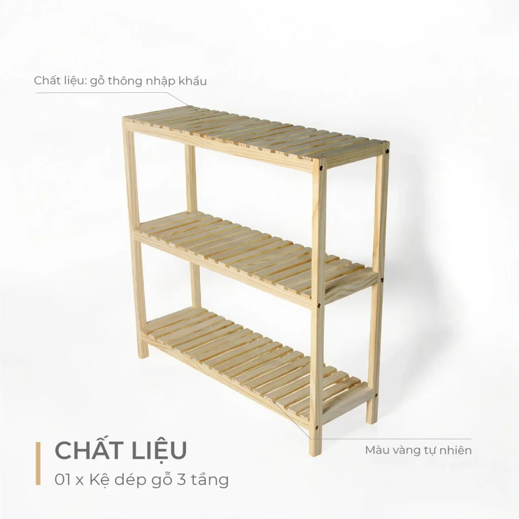 Kệ Dép Gỗ 3 Tầng Pine Lắp Ráp Made4Home