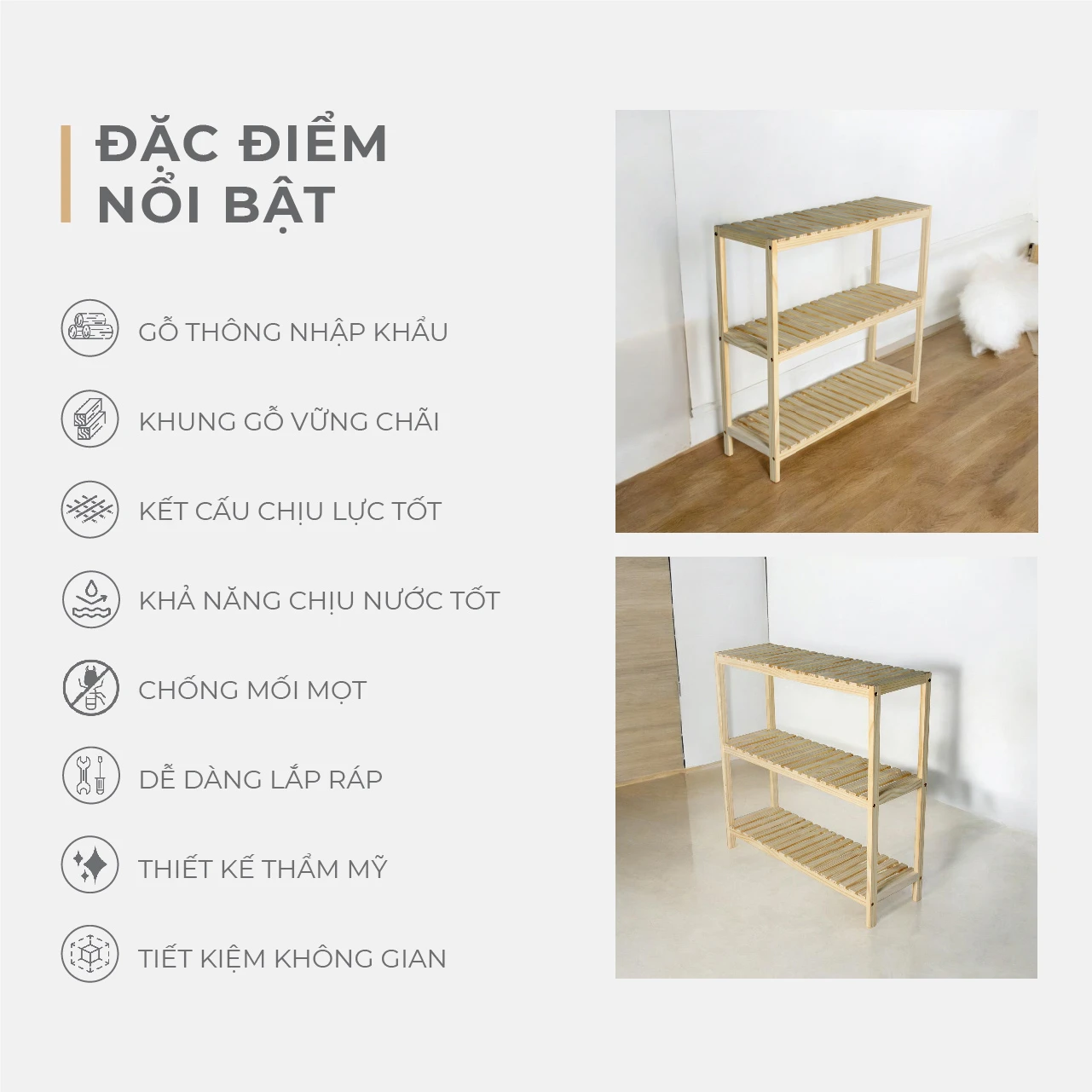 Kệ Dép Gỗ 3 Tầng Pine Lắp Ráp Made4Home