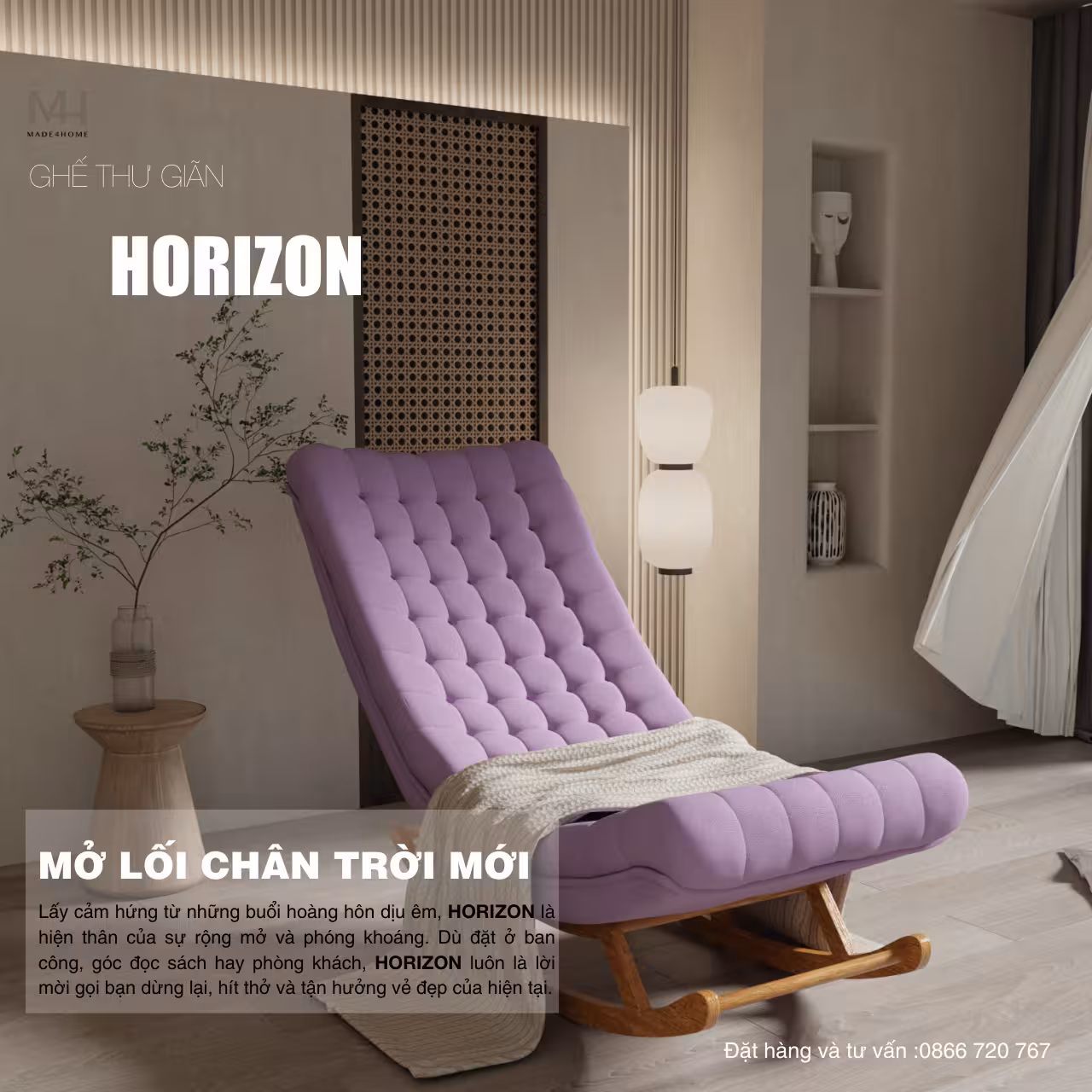 Ghế thư giãn Horizon màu tím – Ghế bập bênh cao cấp gỗ thông nhập khẩu, vải nhung mềm mịn