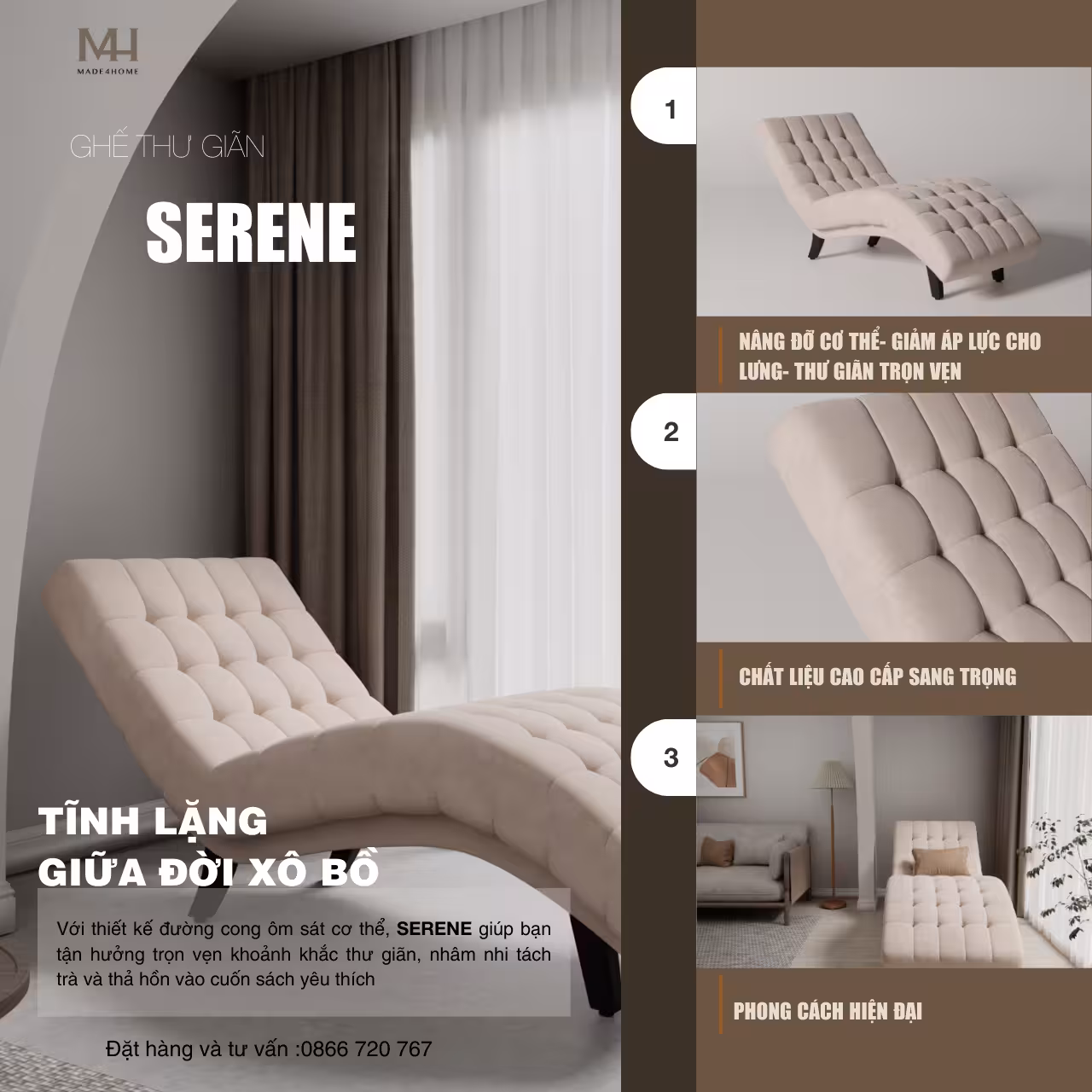 Ghế thư giãn Serene- Khung gỗ dầu, nệm cao cấp ôm trọn cơ thể.