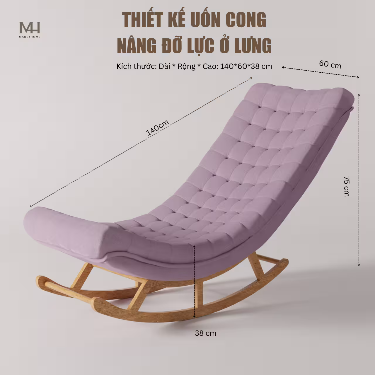 Ghế thư giãn Horizon màu tím – Ghế bập bênh cao cấp gỗ thông nhập khẩu, vải nhung mềm mịn