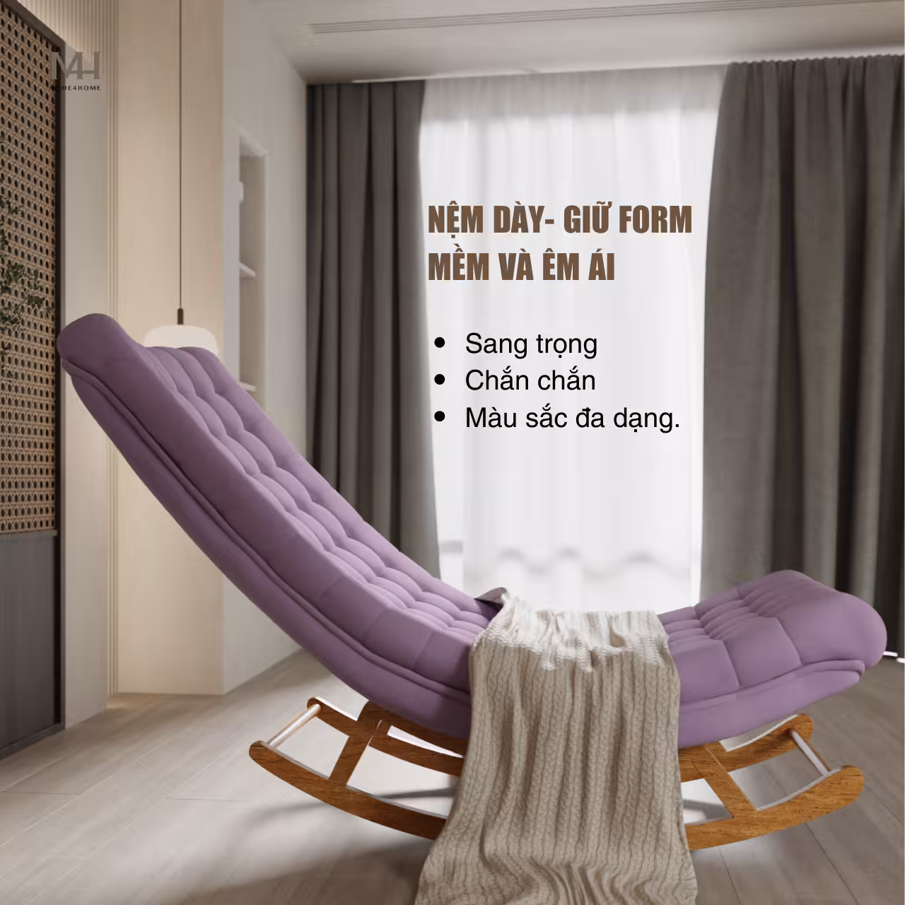 Ghế thư giãn Horizon màu tím – Ghế bập bênh cao cấp gỗ thông nhập khẩu, vải nhung mềm mịn