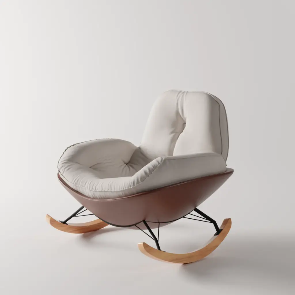 Ghế Thư Giãn NEST Màu Kem – Ghế Bập Bênh Nhung Trượt Nước, Chân Gỗ Tự Nhiên