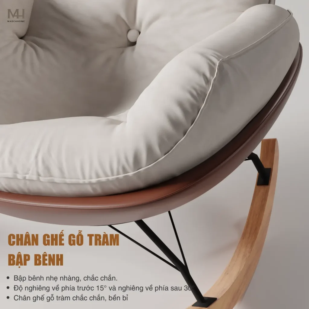 Ghế Thư Giãn NEST Màu Kem – Ghế Bập Bênh Nhung Trượt Nước, Chân Gỗ Tự Nhiên