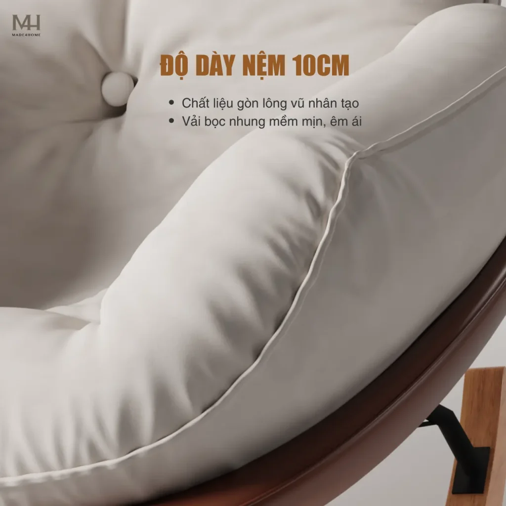 Ghế Thư Giãn NEST Màu Kem – Ghế Bập Bênh Nhung Trượt Nước, Chân Gỗ Tự Nhiên