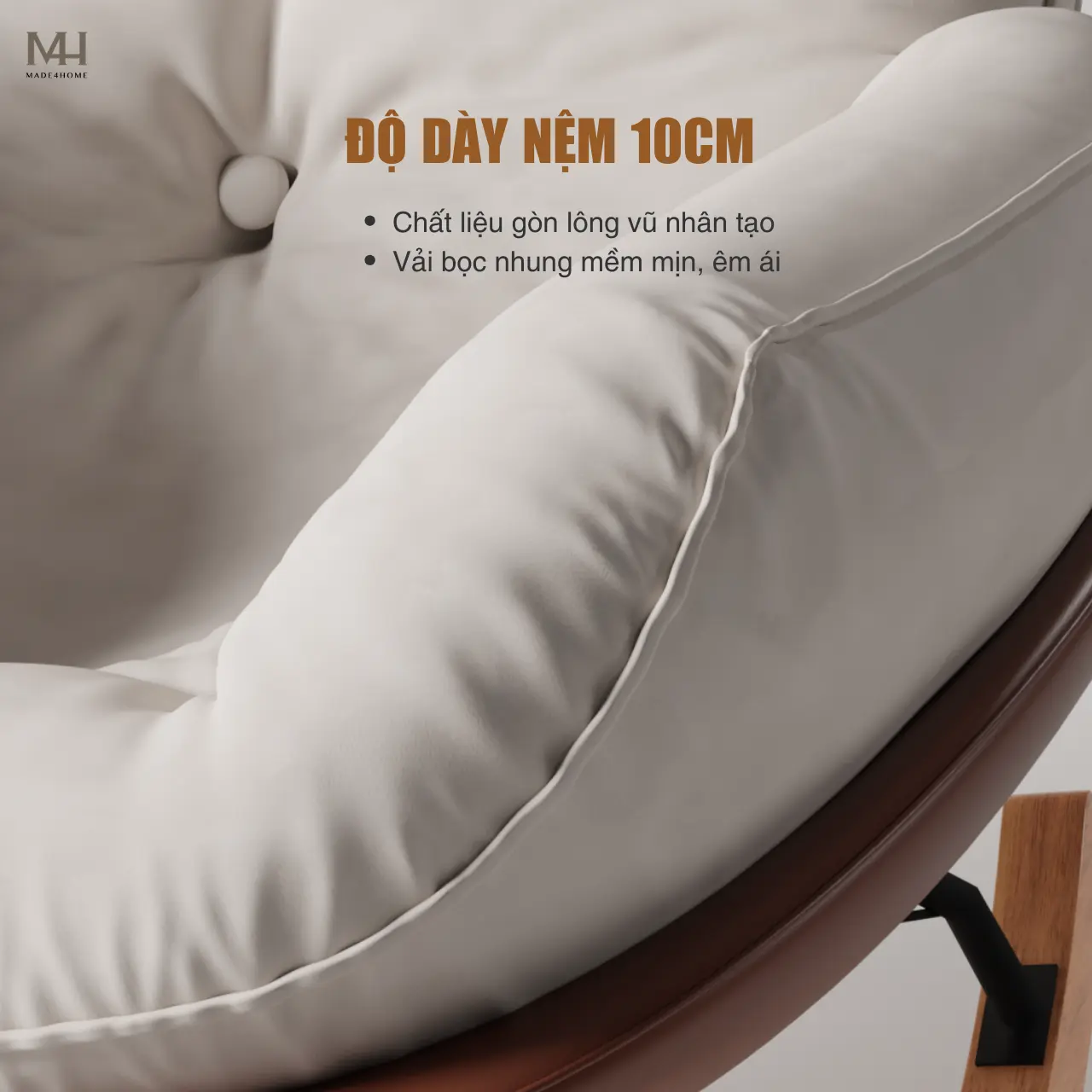 Ghế Thư Giãn NEST Màu Kem – Ghế Bập Bênh Nhung Trượt Nước, Chân Gỗ Tự Nhiên