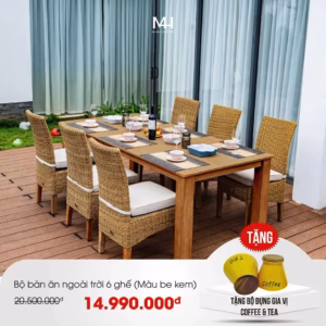 Bộ Bàn Ăn Ngoài Trời 6 Ghế – Gỗ Keo & Mây Nhựa Cao Cấp từ M4H