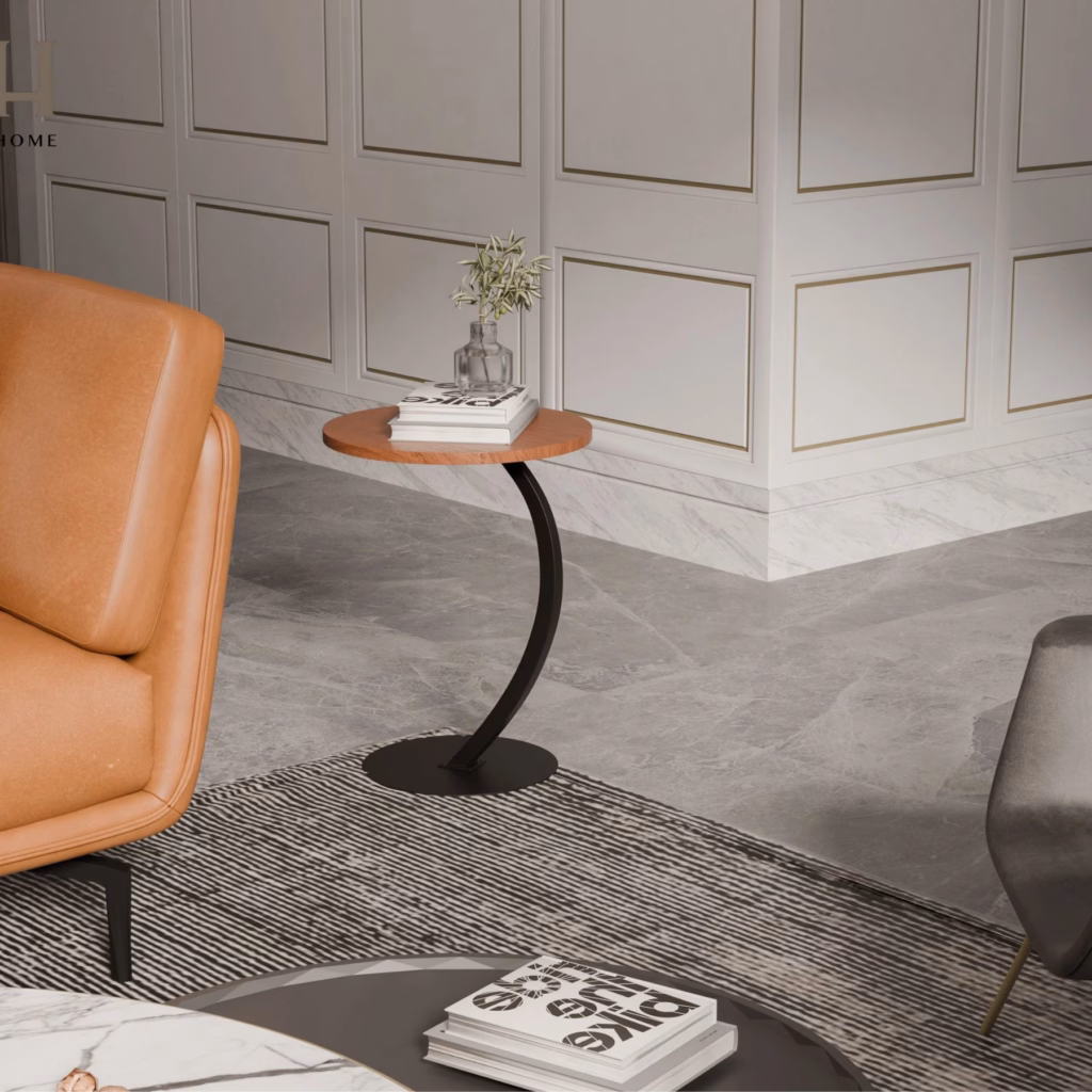 Bàn Side Table Nysa – Bàn Sofa Nhỏ Gọn Chân Sắt Uốn Cong, Mặt Gỗ Hiện Đại