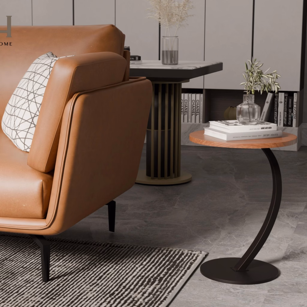 Bàn Side Table Nysa – Bàn Sofa Nhỏ Gọn Chân Sắt Uốn Cong, Mặt Gỗ Hiện Đại