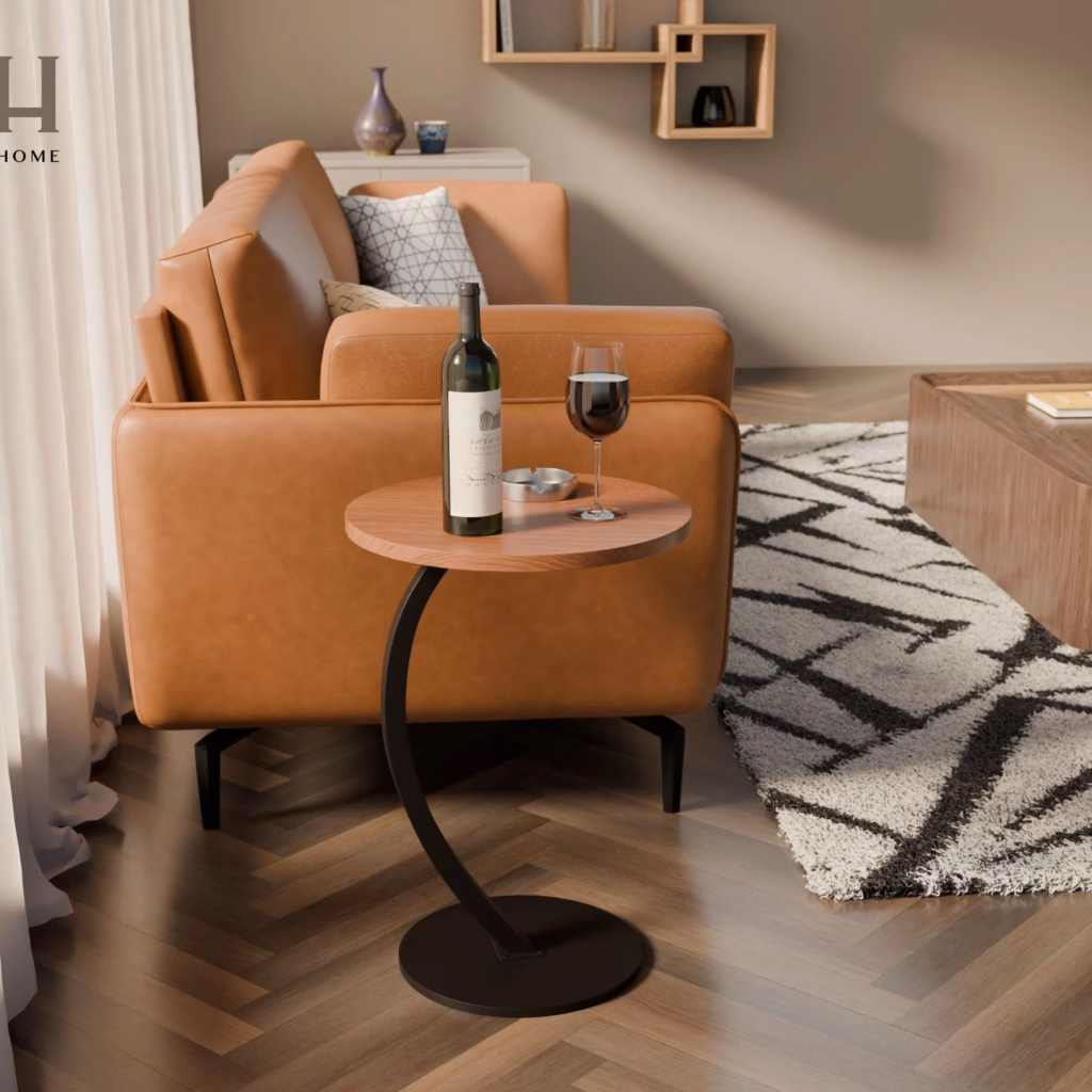 Bàn Side Table Nysa – Bàn Sofa Nhỏ Gọn Chân Sắt Uốn Cong, Mặt Gỗ Hiện Đại