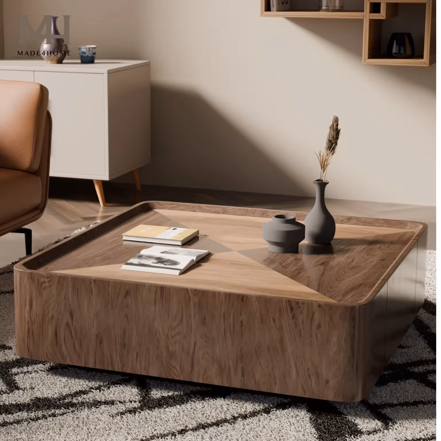 Bàn trà gỗ Glovia – Gỗ veneer óc chó, bo góc an toàn