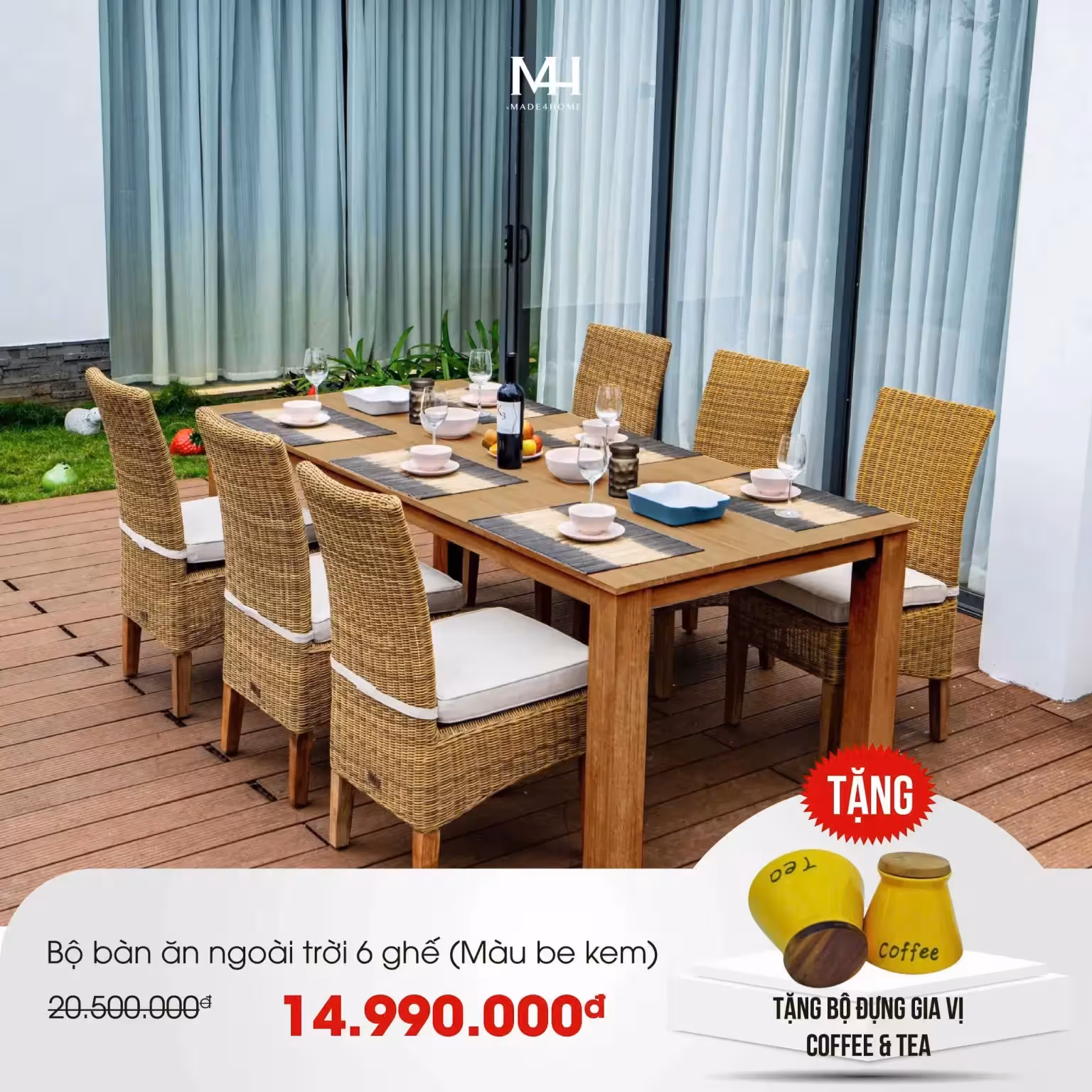 Bộ bàn ăn ngoài trời 6 ghế – Gỗ keo & mây nhựa cao cấp Bộ bàn ăn ngoài trời 6 ghế – Gỗ keo & mây nhựa cao cấp