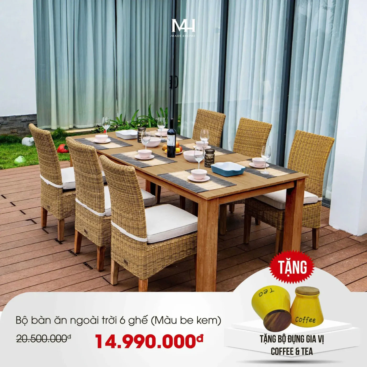 Bộ bàn ghế gỗ ngoài trời 6 ghế – Gỗ Keo & Mây Nhựa Cao Cấp