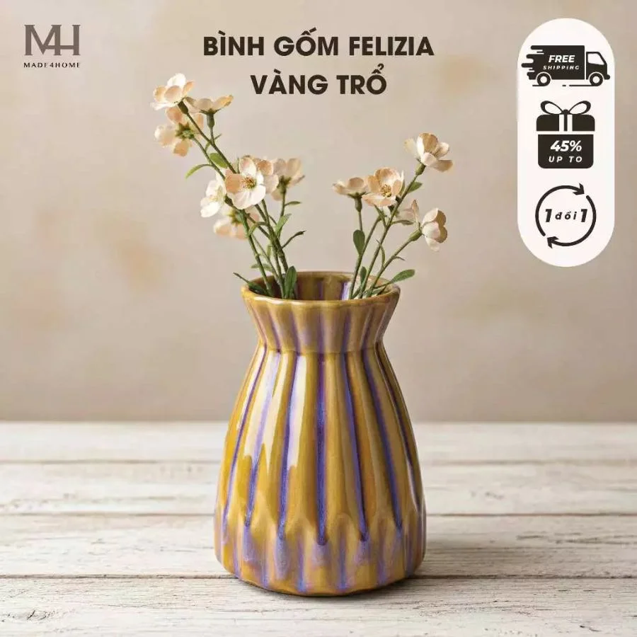 Bình hoa gốm sứ Felizia trang trí decor hoa văn sọc Made4Home – Kích thước 21x15cm