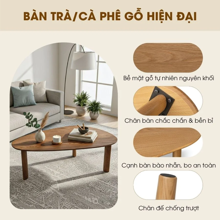 Bàn Trà Gỗ Made4Home – Bo Góc An Toàn, Veneer Tự Nhiên Cao Cấp Cho Phòng Khách Hiện Đại