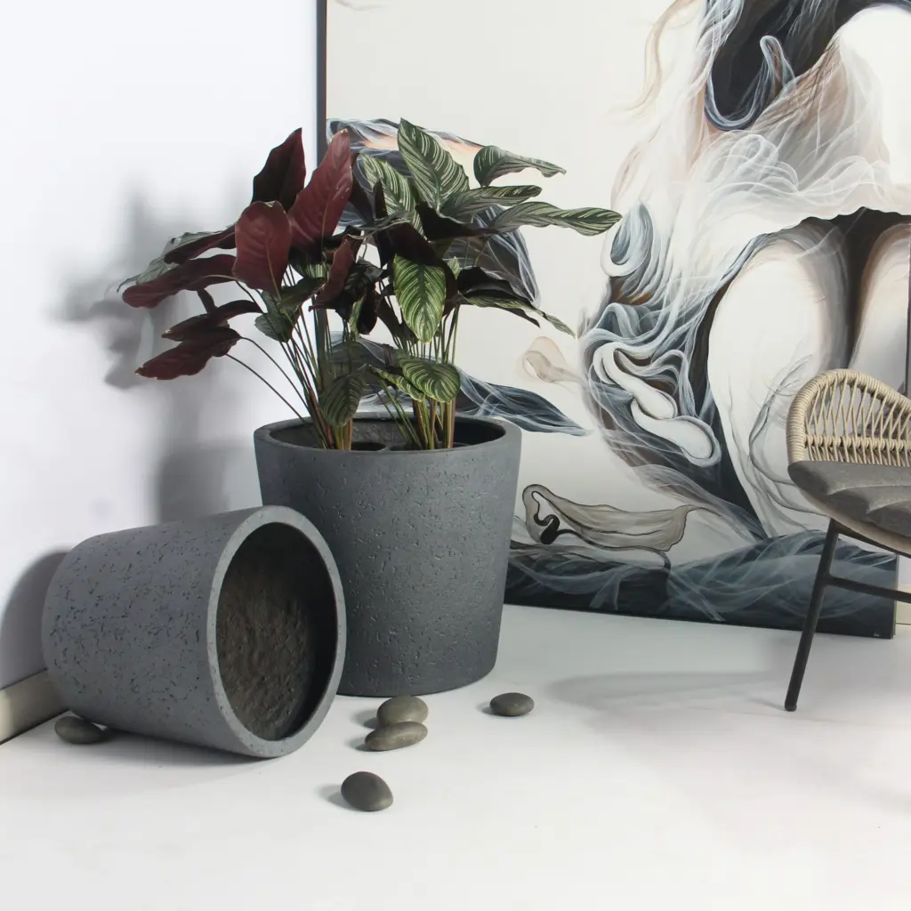 Rugen Cylindrical Round Poly Planter (Set Of 2) – Dark Grey