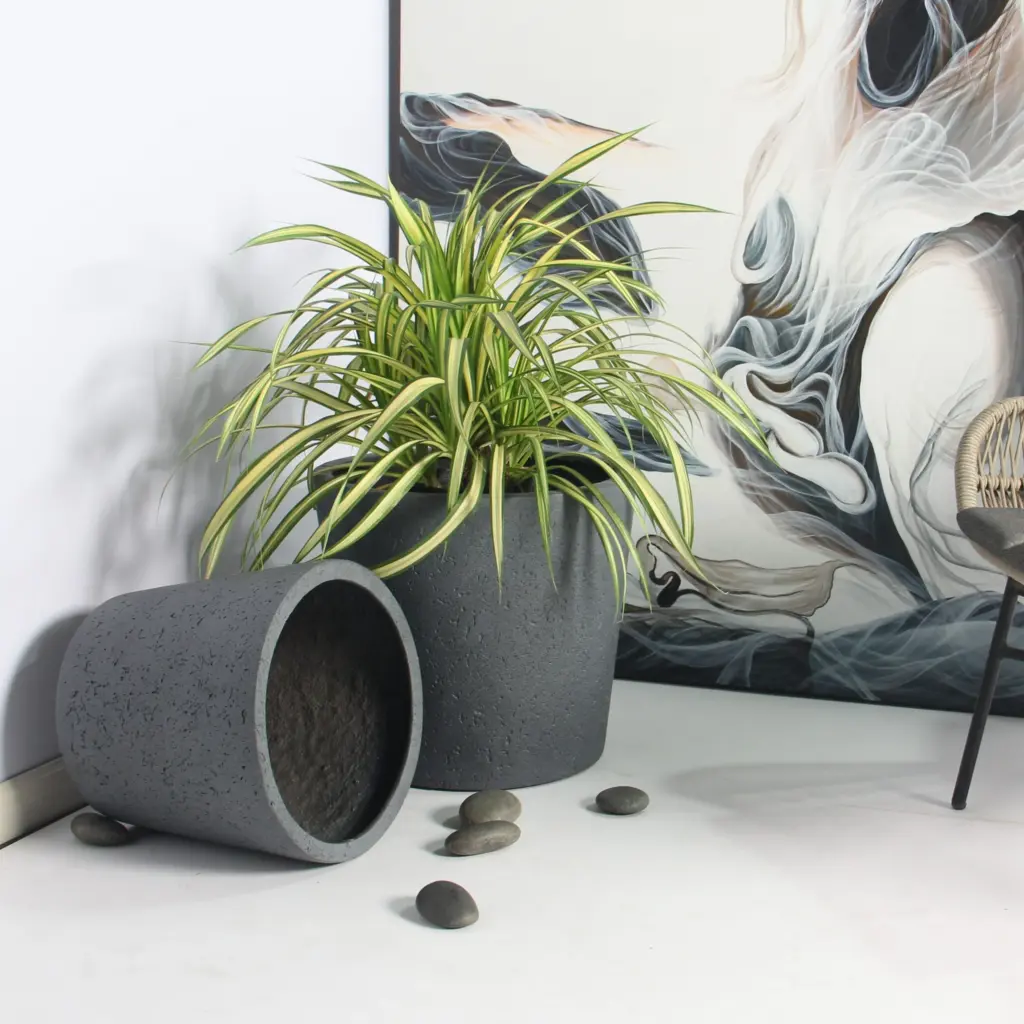 Rugen Cylindrical Round Poly Planter (Set Of 2) – Dark Grey